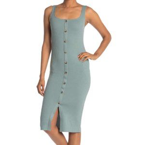 Sophie Rue ~ Ribbed Knit, Sleeveless, Button Front, Fitted, Green Midi Dress